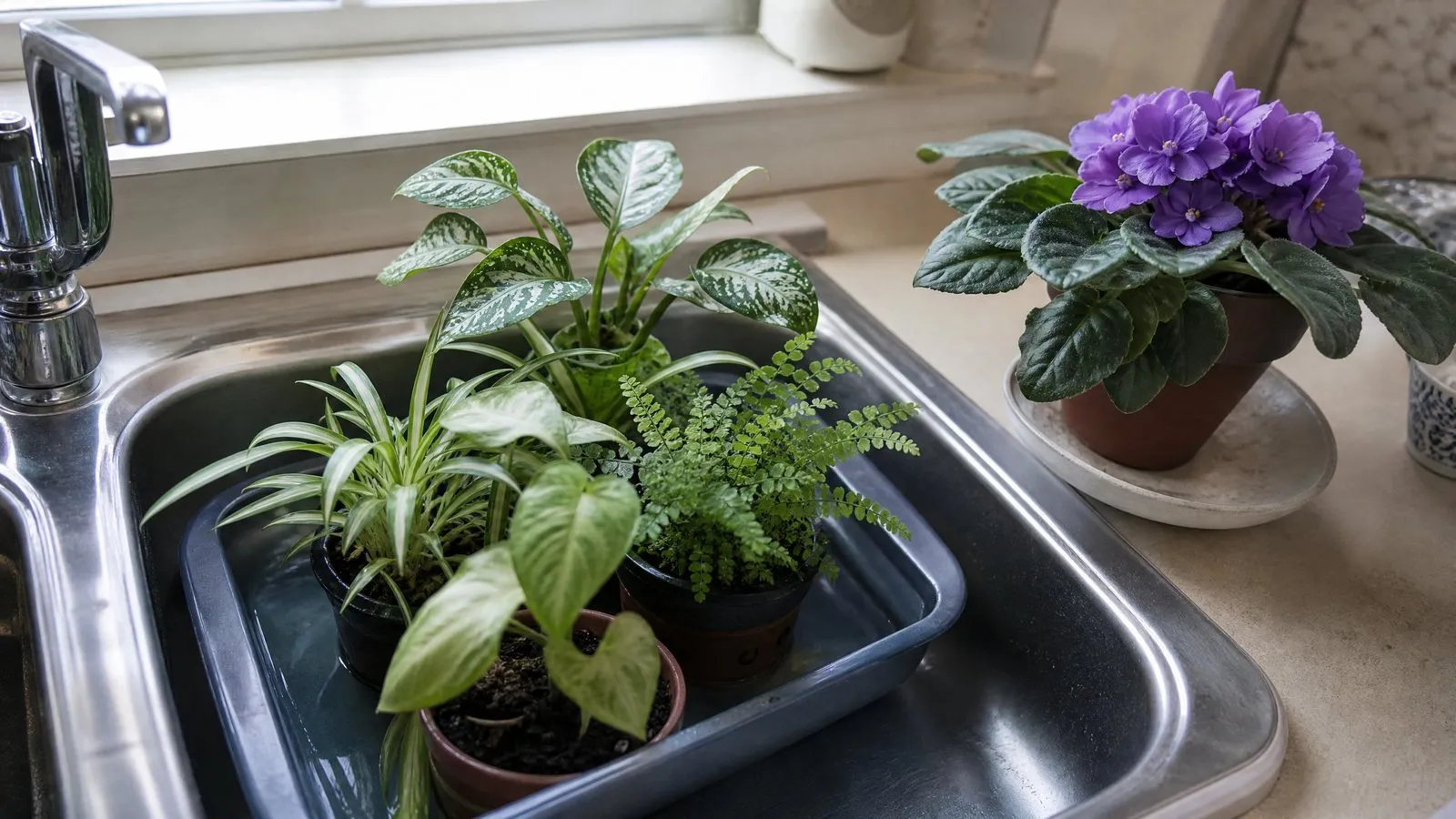 Three or four small plants in pots with drainage holes stand in a shallow tray of water in a kitchen sink, soaking up moisture beside a potted African violet in natural window light.