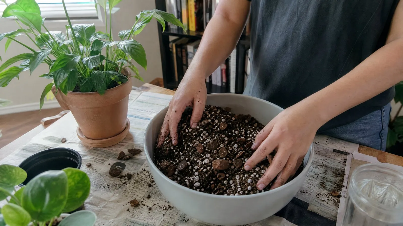 A pair of hands mixes potting soil, white perlite and chunks of pine bark in a large bowl on a newspaper-covered kitchen table, with a plant waiting to be repotted nearby in natural window light.