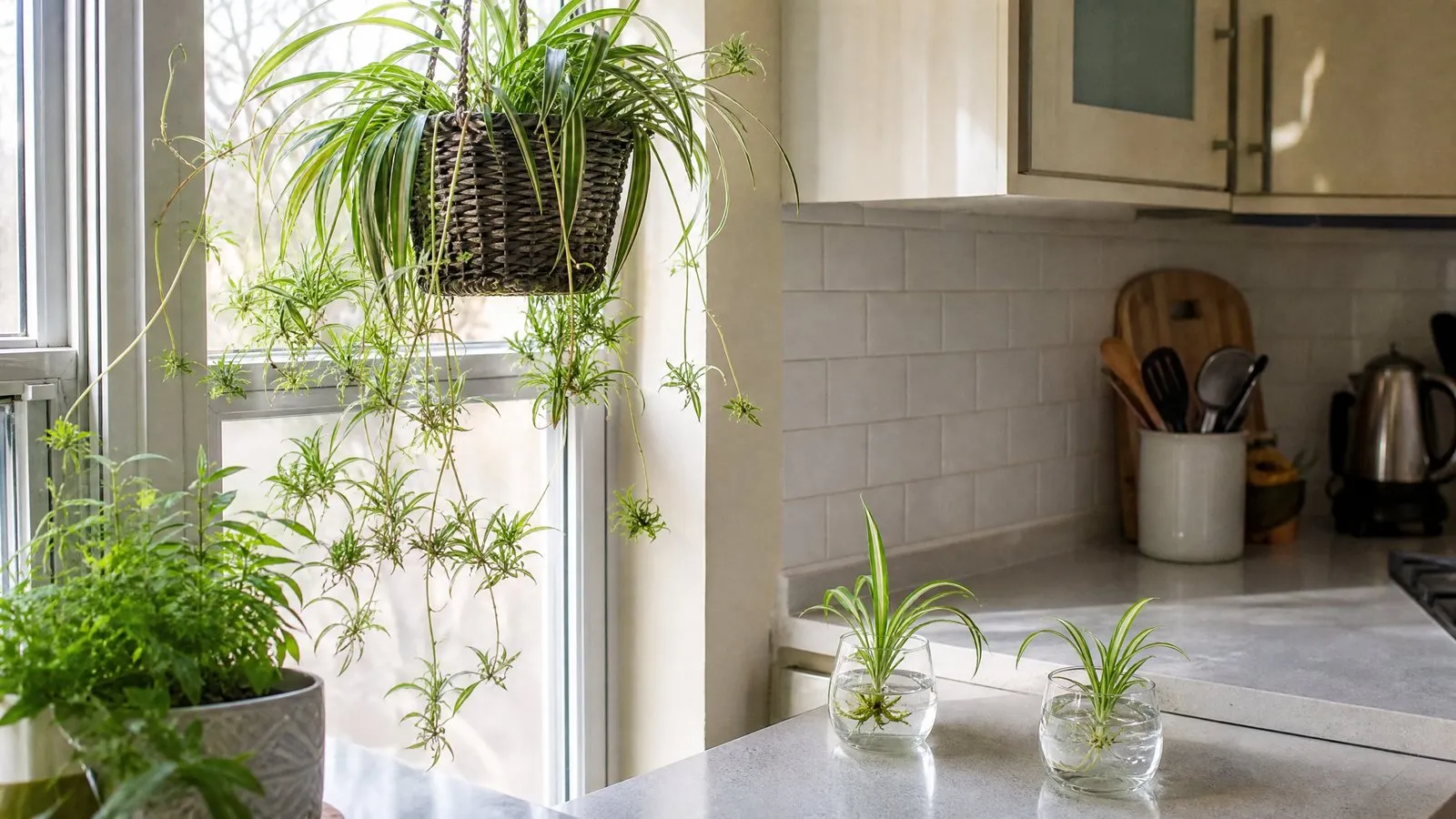 A spider plant in a kitchen hanging basket trailing many small plantlets, with two little cups of water rooting spiderette cuttings on the counter nearby in natural light, realistic photography.