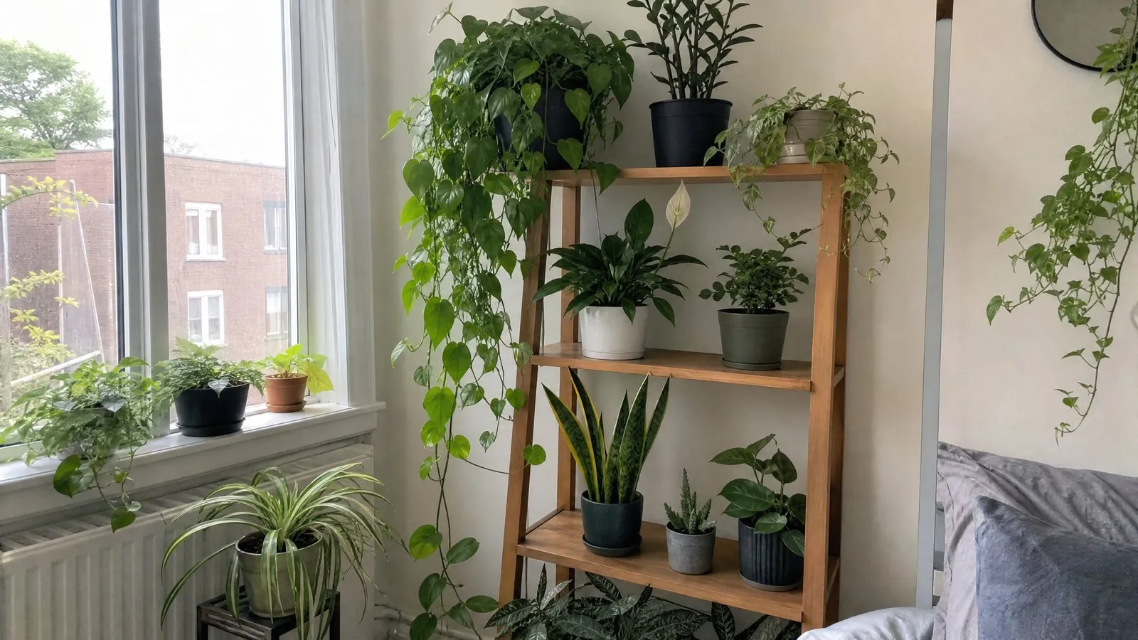 A wooden shelf in a bright Western apartment holds several easy-care houseplants, with pothos trailing from the top shelf beside a snake plant, ZZ plant, spider plant, and peace lily in natural light.