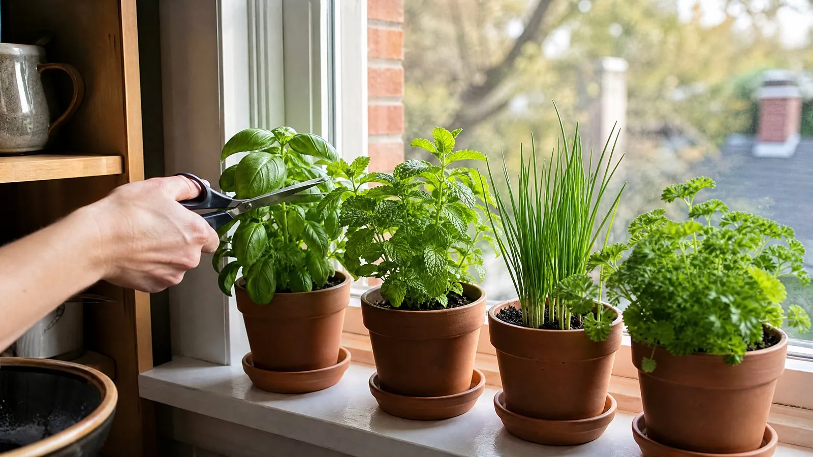 Four small terracotta pots of basil, mint, chives and parsley line a bright kitchen windowsill while a hand snips basil leaves with scissors in morning light.