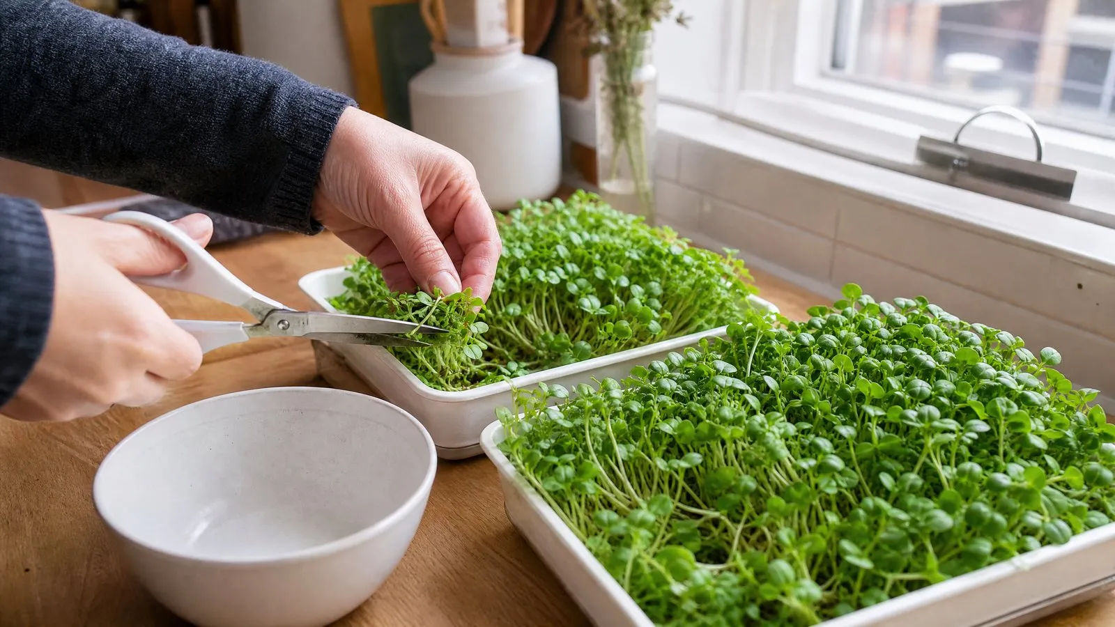 Two shallow trays packed with dense green microgreens on a kitchen counter, with a hand snipping a small bunch using scissors next to a white bowl in natural light.